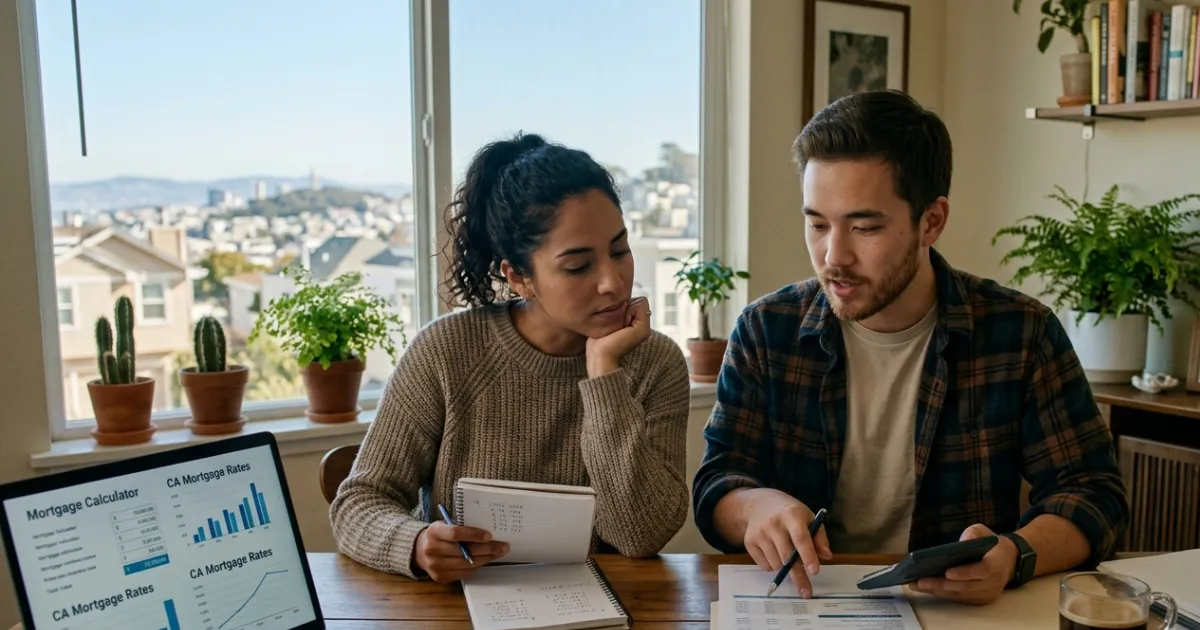 Homebuyer reviewing California mortgage rates, loan options, and home financing documents.