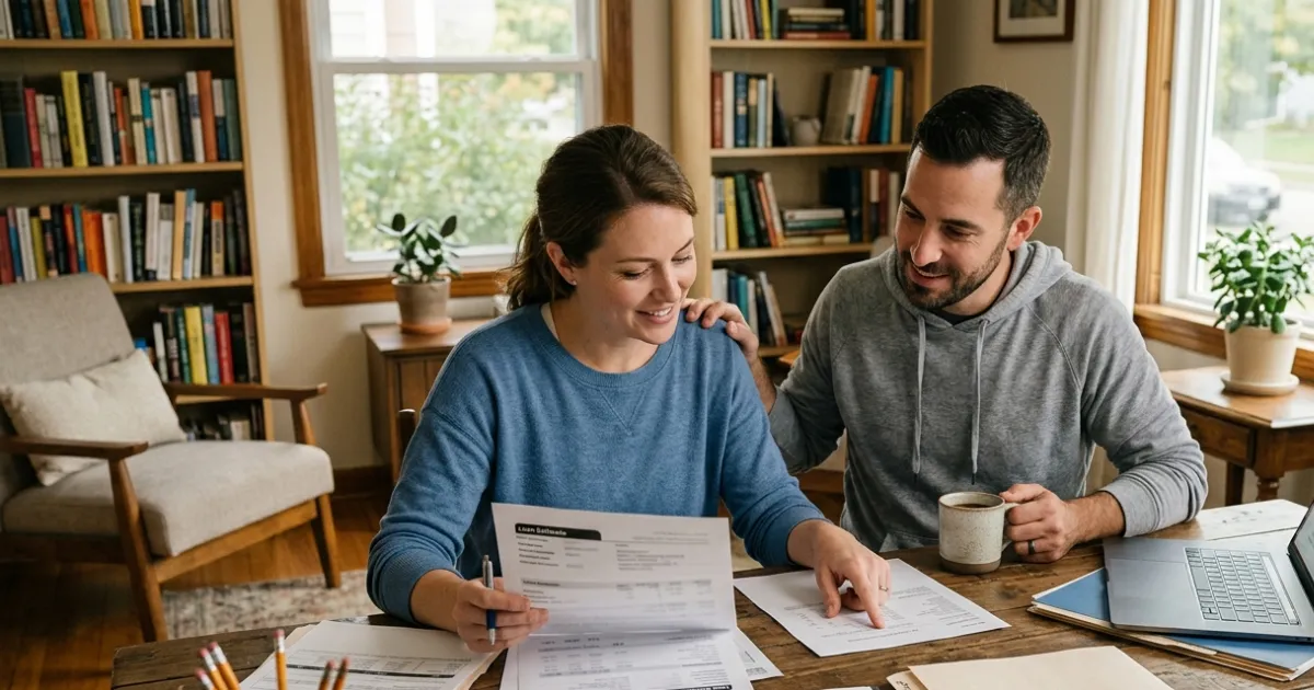 Homebuyer reviewing mortgage documents, loan terms, interest rates, and home financing options.