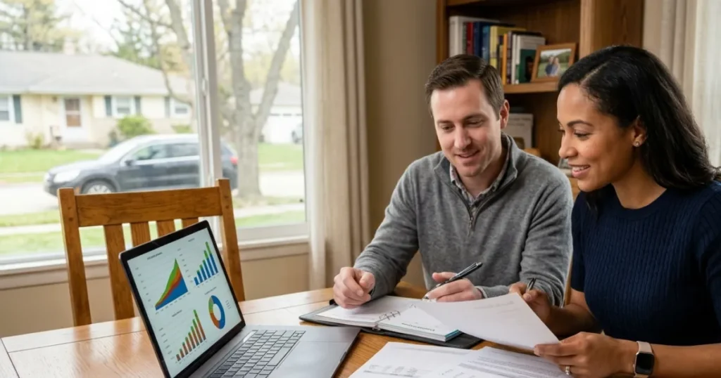 Investor reviewing a diversified portfolio of assets including stocks, real estate, cash savings, and investments to build long-term wealth.