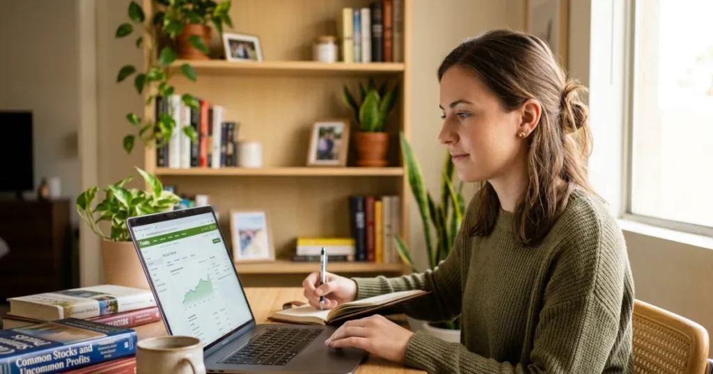 Beginner investor analyzing stock market charts, investment portfolios, and financial data to learn the basics of stock investing.