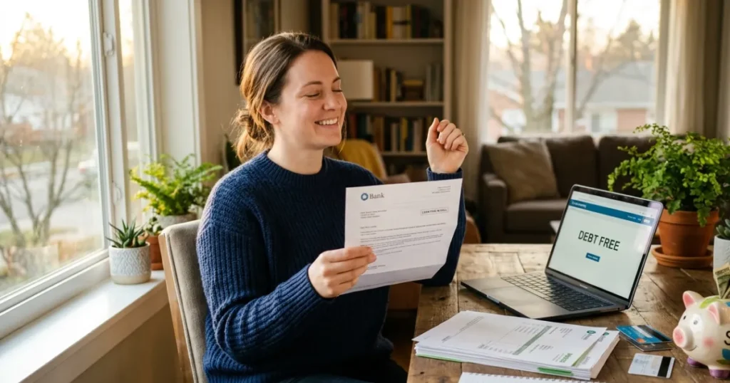 Person creating a debt repayment plan, reviewing bills, and tracking financial progress to pay off debt faster.