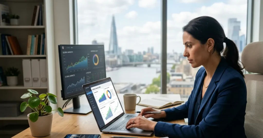 Beginner investor reviewing financial charts, investment options, and portfolio plans while learning the basics of investing.
