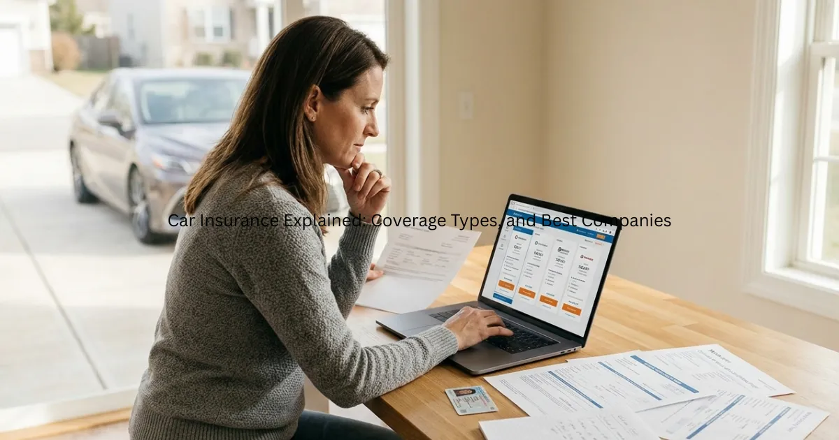 Driver reviewing car insurance coverage options, policy documents, premiums, and vehicle protection plans.