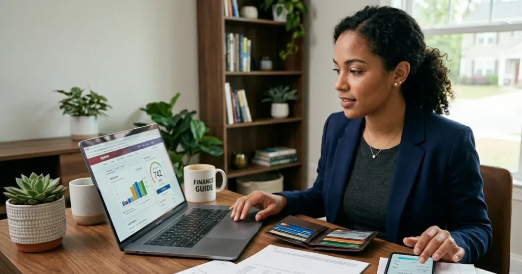 Person reviewing a credit report and credit score information to understand financial health and borrowing eligibility.