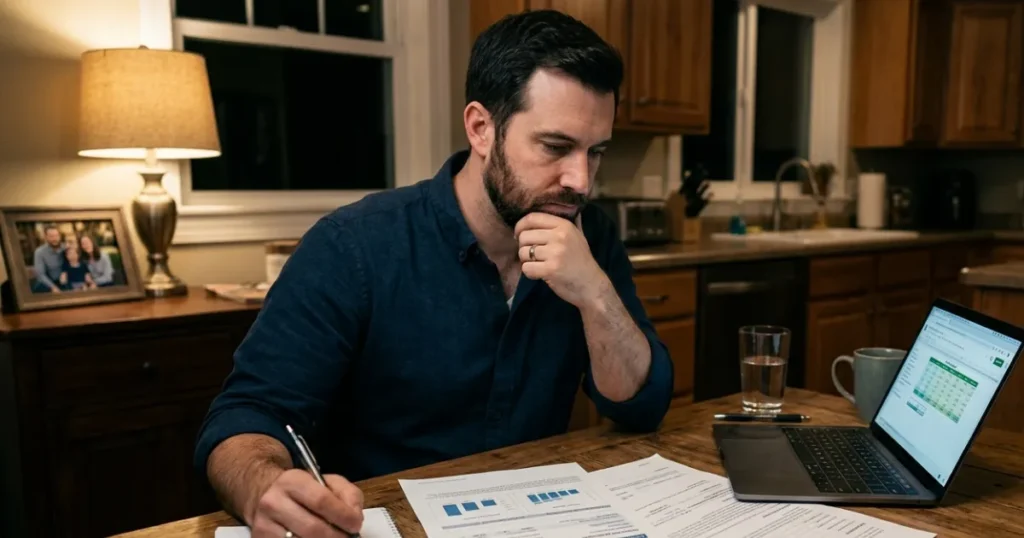 Homeowner comparing home equity loan and personal loan options, reviewing interest rates, monthly payments, and borrowing costs.
