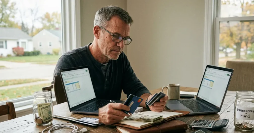 Person reviewing finances, budgeting plans, and expense reports to avoid common money mistakes and improve financial habits.