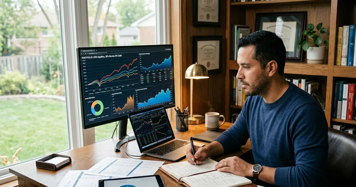 Investor reviewing a diversified investment portfolio with stocks, bonds, and other assets to balance risk and returns.