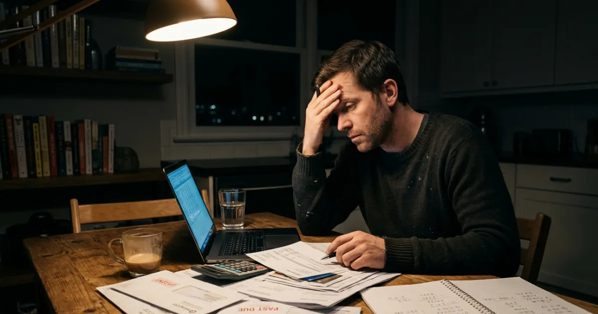 Person reviewing finances, budgeting expenses, and creating a money management plan to reduce financial stress.