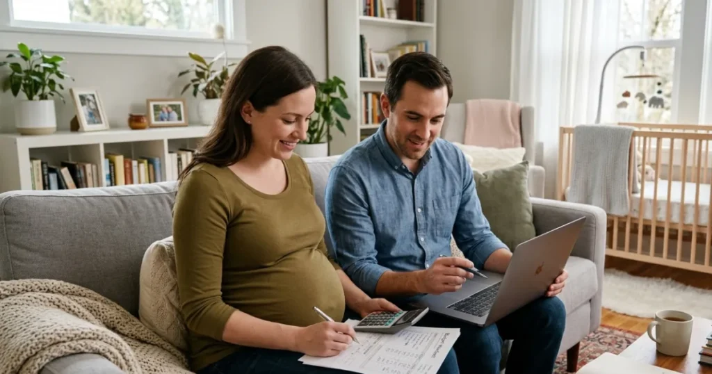Expecting parents reviewing a family budget, savings plan, and financial preparations for a new baby.