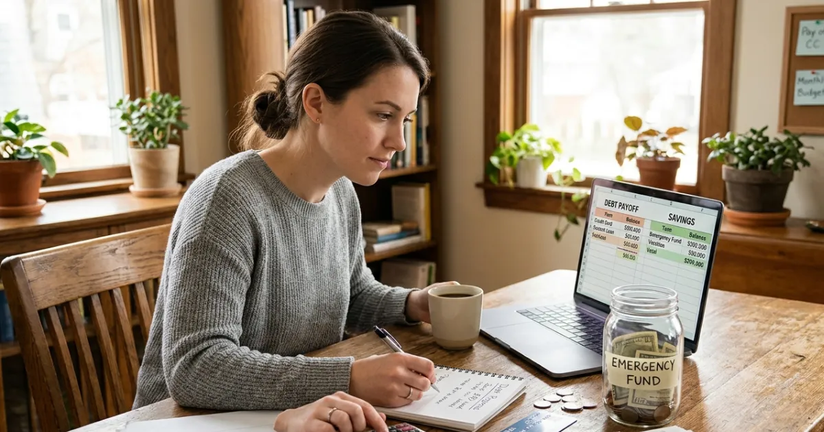Person managing a budget, tracking savings, and making debt payments to improve financial stability.