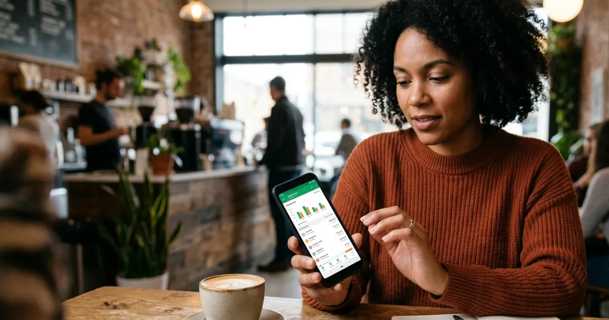 Person using a financial app on a smartphone to track spending, manage budgets, and monitor expenses in real time.