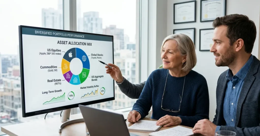 Investor reviewing a diversified portfolio that includes stocks, bonds, real estate, and other assets to reduce risk and improve returns.