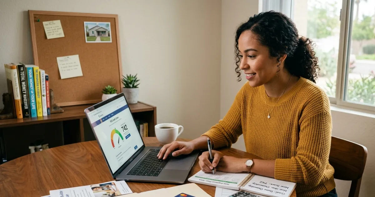 Person reviewing credit reports, payment history, and financial records while working to improve their credit score.