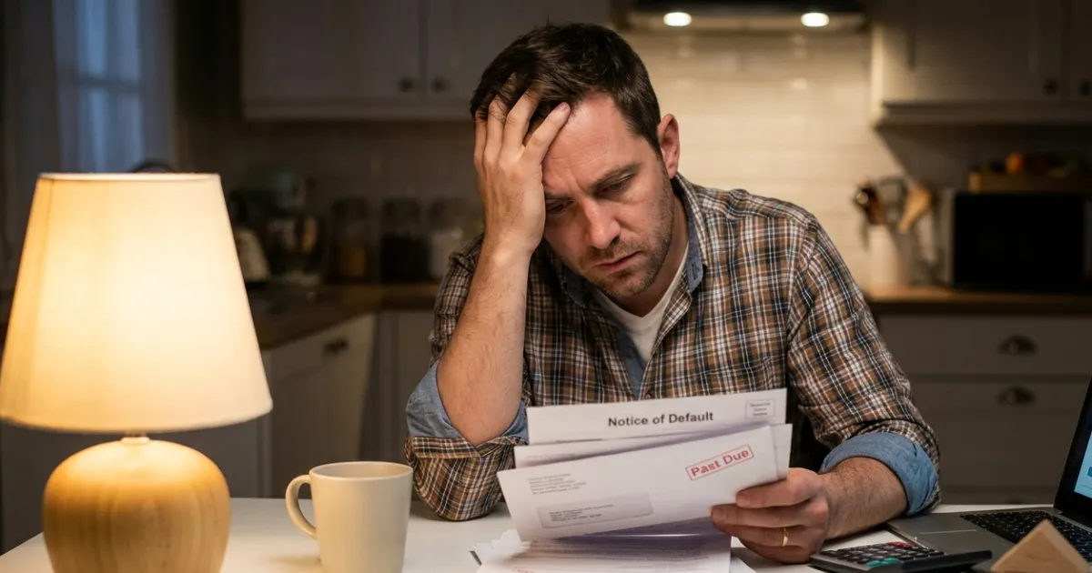 Homeowner reviewing mortgage documents and financial plans to prevent foreclosure and protect their property.