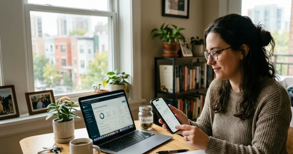 Millennial professional managing a budget, tracking savings goals, and reviewing financial plans on a laptop and smartphone.