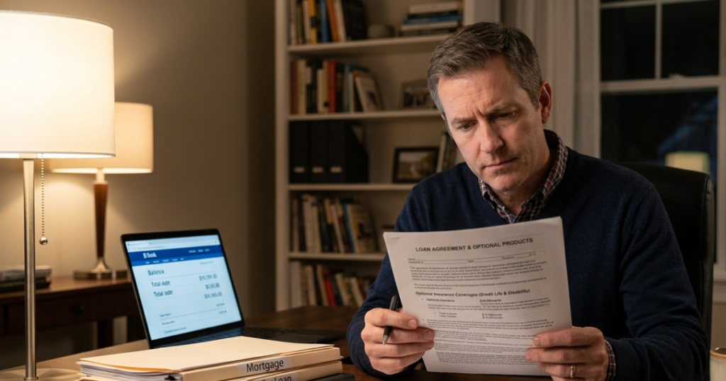 Homeowner reviewing repair costs and loan options after an unexpected water heater breakdown.
