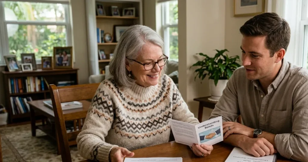 Investor reviewing bond investments, fixed-income securities, and financial reports to understand how bonds generate returns.
