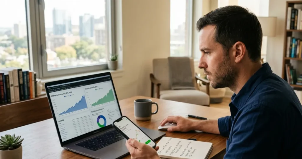 Investor comparing ETFs and mutual funds using financial charts, investment reports, and portfolio analysis tools.