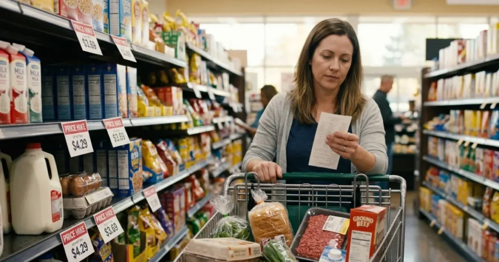 Person analyzing rising prices, household expenses, and financial reports to understand inflation and its effect on purchasing power.