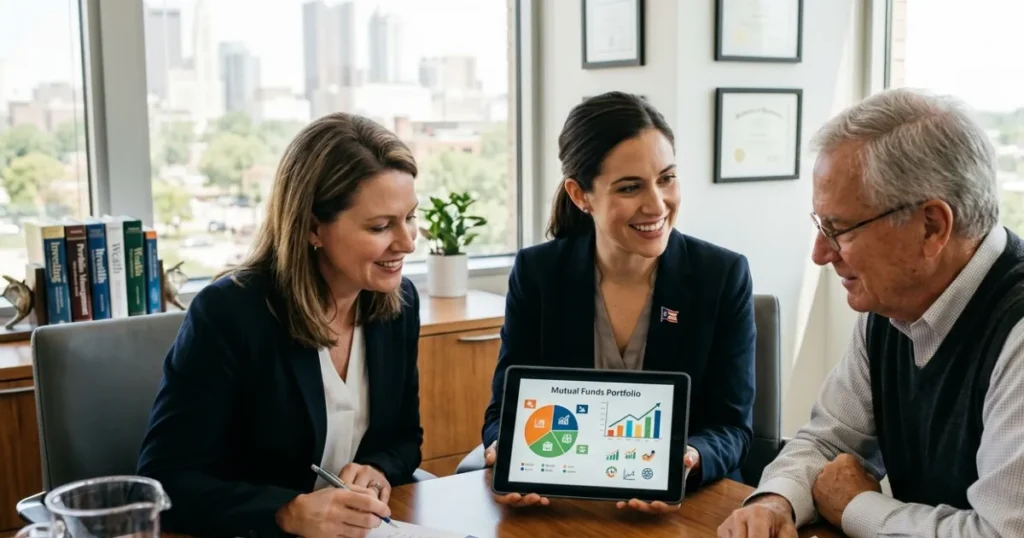 Beginner investor reviewing mutual fund performance charts, portfolio allocations, and investment options on a financial dashboard.