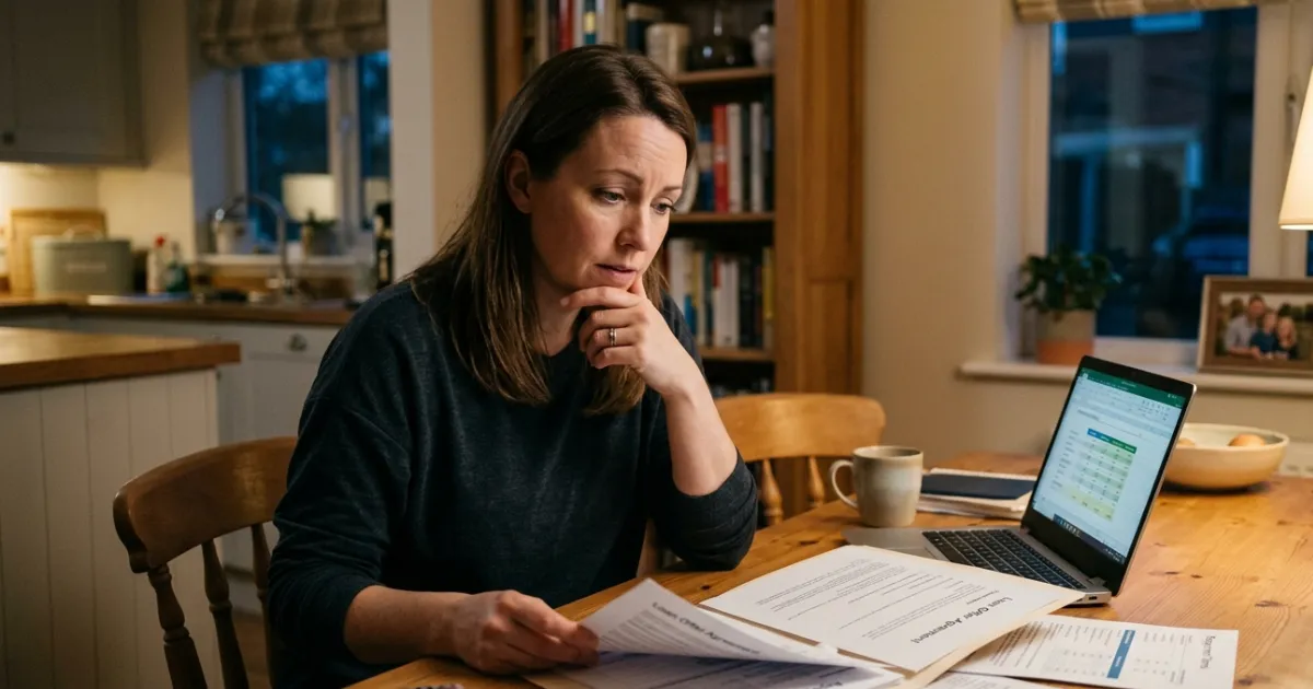 Person reviewing personal loan documents, interest rates, repayment terms, and borrowing risks before applying for a loan.