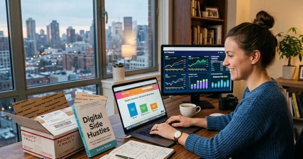 Entrepreneur managing multiple income sources, including investments, online business earnings, and passive income streams.