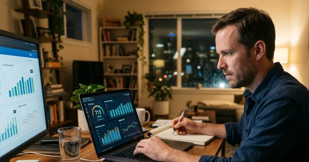 Person reviewing credit score information and financial documents while learning common misconceptions about credit and borrowing.