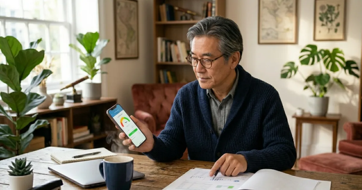 Person reviewing updated credit score information, financial reports, and credit monitoring tools on a computer.