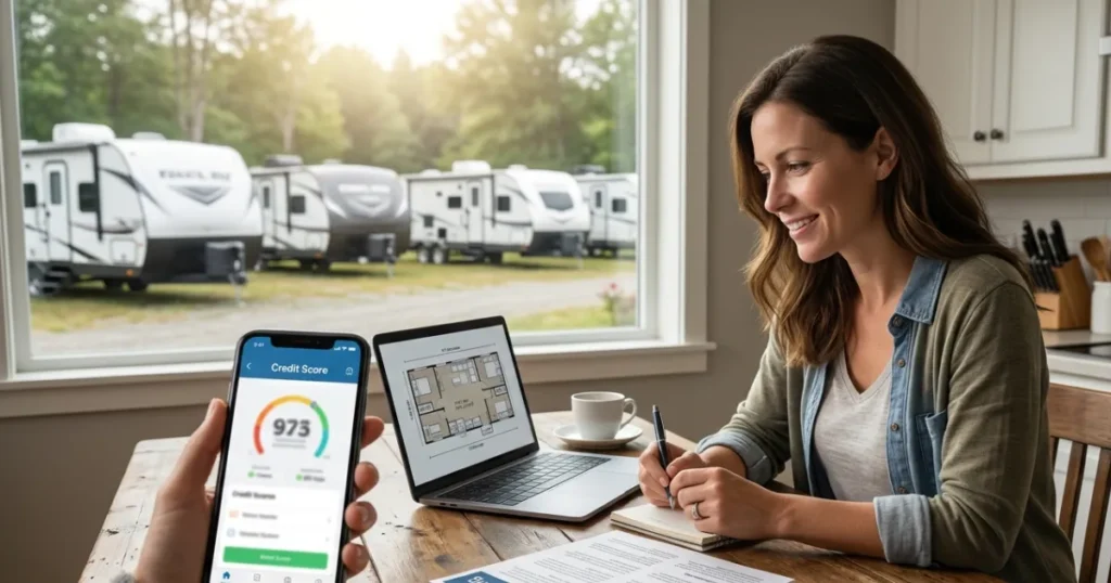 Prospective RV buyer reviewing camper financing options and loan documents while discussing approval possibilities with a finance representative.
