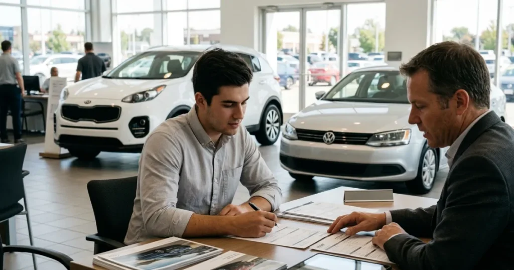 First-time car buyer with no credit history reviewing auto financing options and loan paperwork with a dealership finance representative.