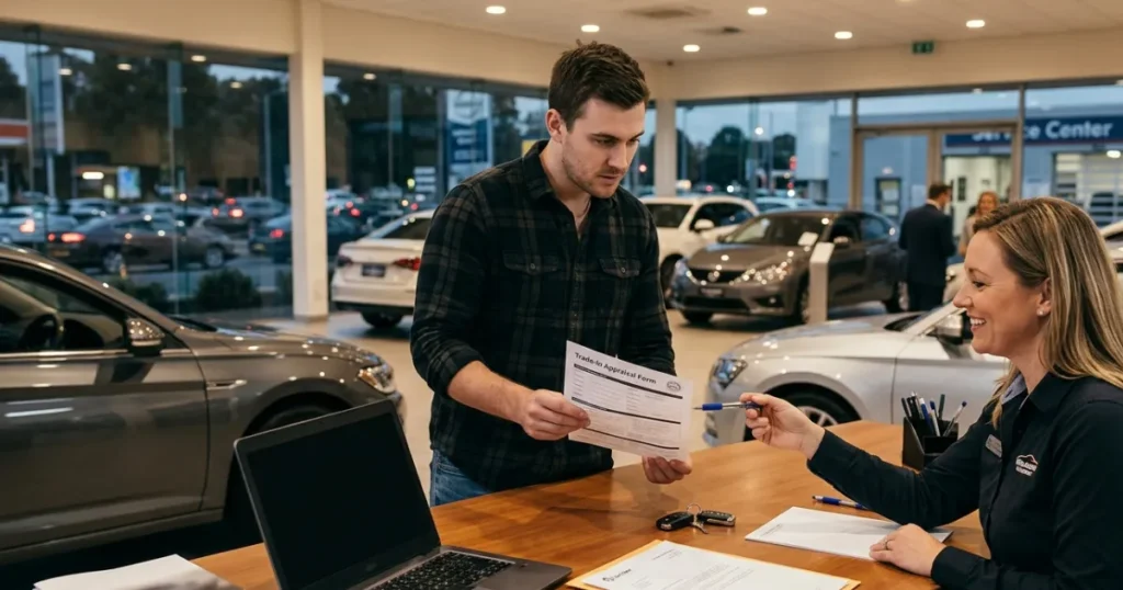 Car owner discussing a trade-in offer and outstanding auto loan balance with a dealership finance representative.
