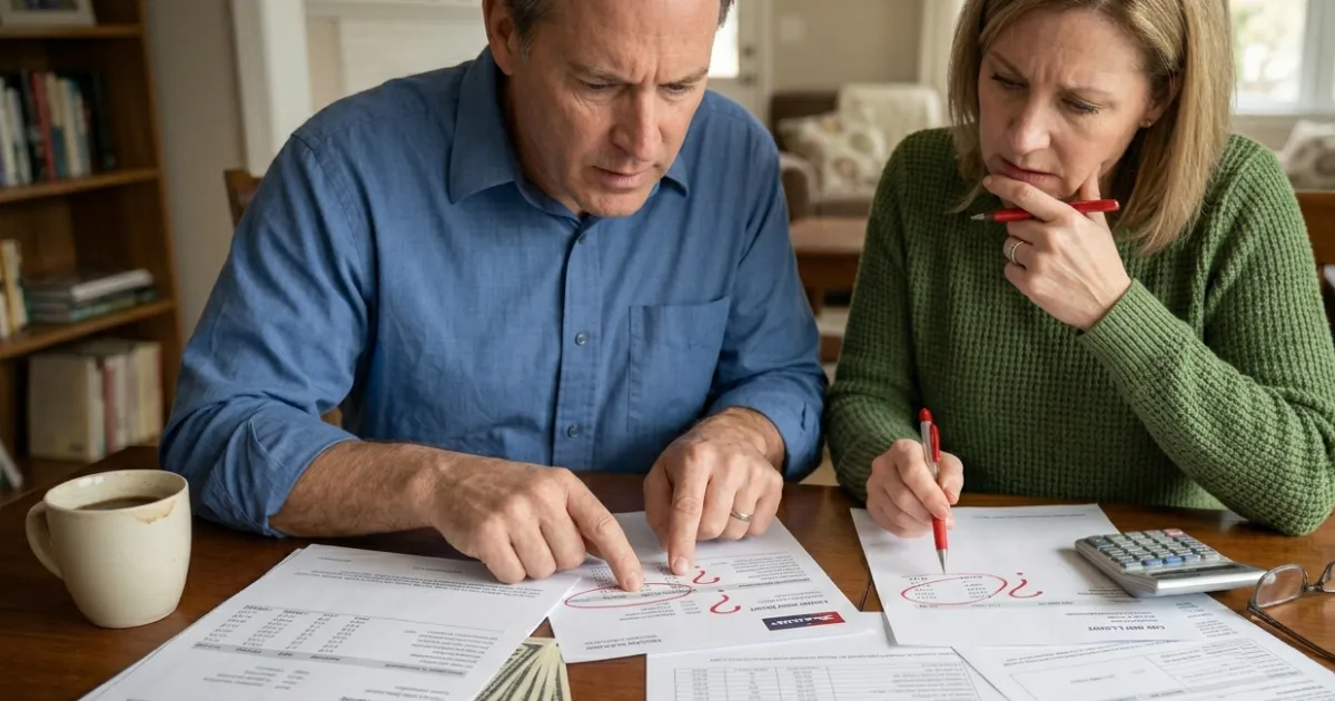 Person reviewing credit card bills, loan statements, and financing documents while identifying costly finance charge mistakes.