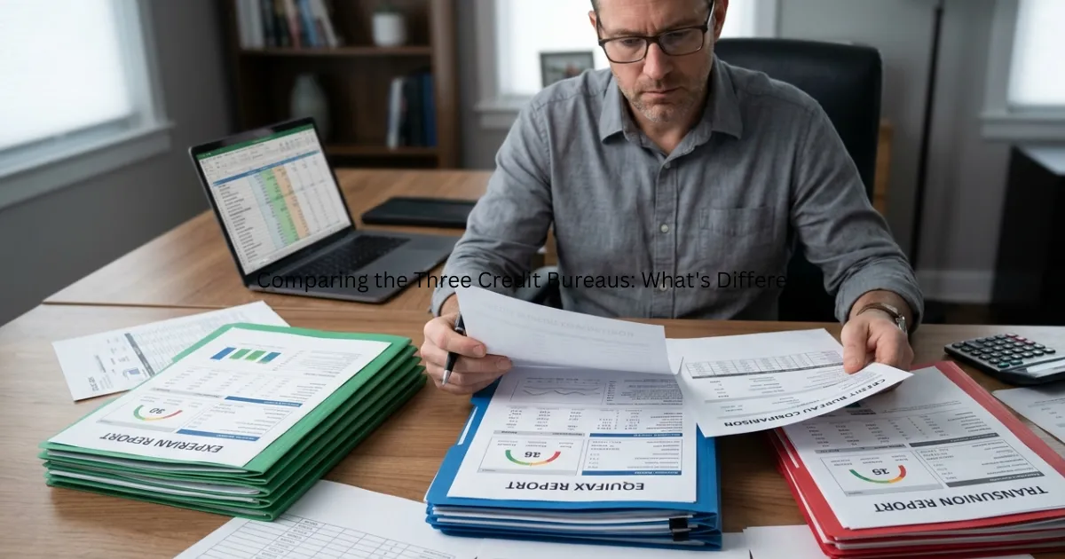 Person reviewing multiple credit reports and financial records to compare information from different credit bureaus.