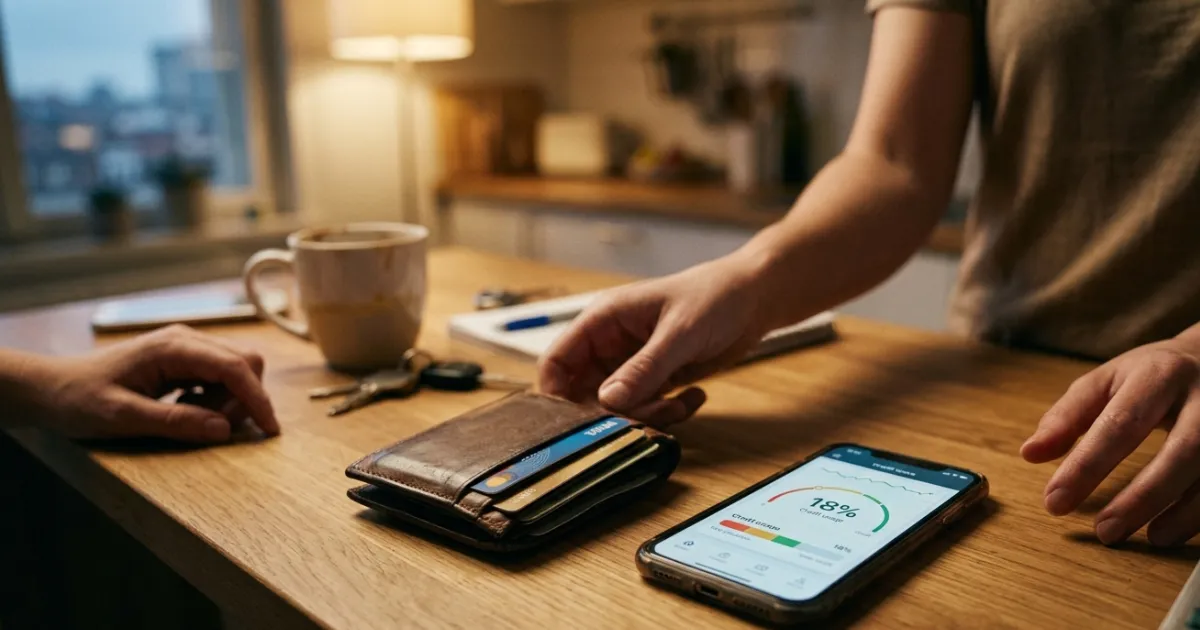 Person using a calculator and reviewing credit card balances and credit limits to determine credit utilization ratio and improve credit health.