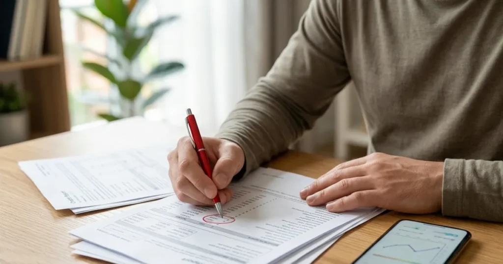 Person reviewing a credit report and financial records to understand which information appears on a credit report and which details do not.