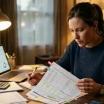 Individual reviewing a credit report, budgeting documents, and repayment plan while working to improve a low credit score.