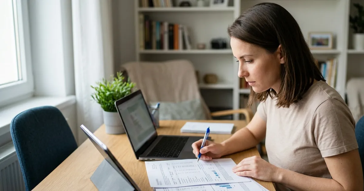 Person reviewing a detailed credit report on a computer screen while analyzing financial records and credit history information.