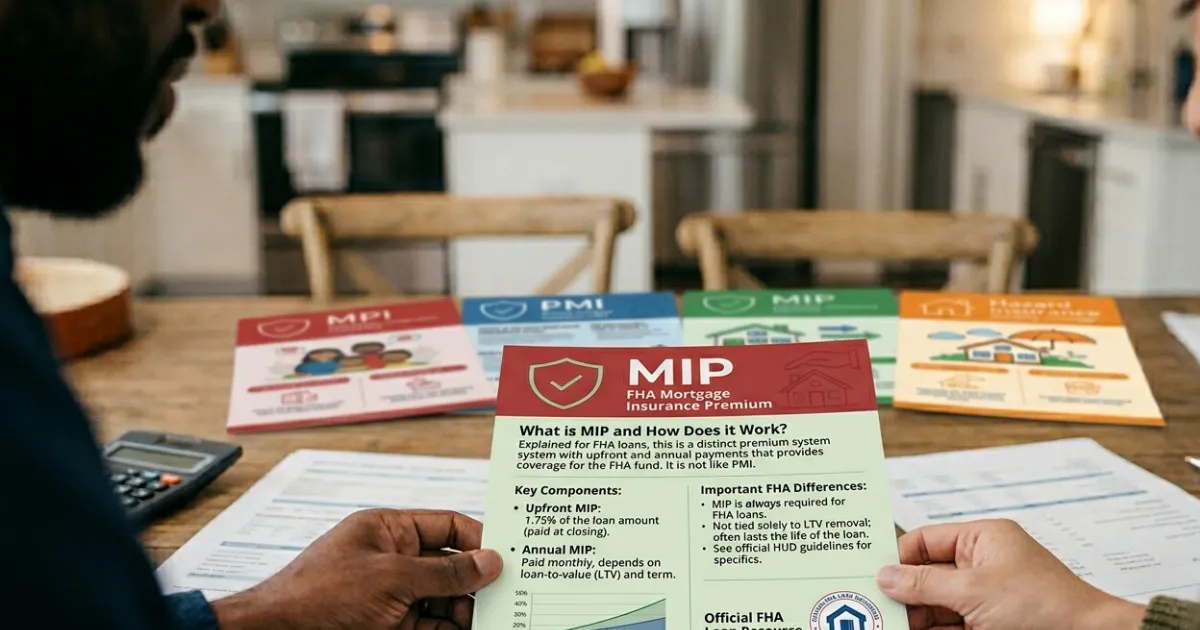 Homebuyer reviewing FHA loan documents and mortgage insurance premium details while discussing home financing options.
