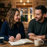 Couple reviewing a household budget, savings goals, and monthly expenses while planning their finances together.