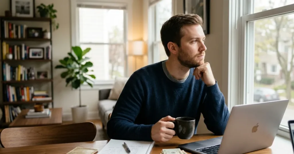 Person reviewing savings, investments, and household finances while preparing a financial plan for economic uncertainty.