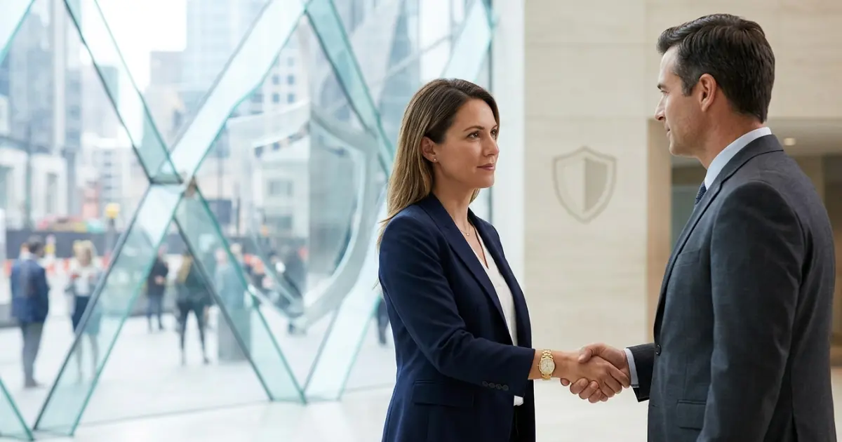 A professional man and woman in business suits shaking hands in a modern office lobby with large glass windows and subtle shield logos in the background.