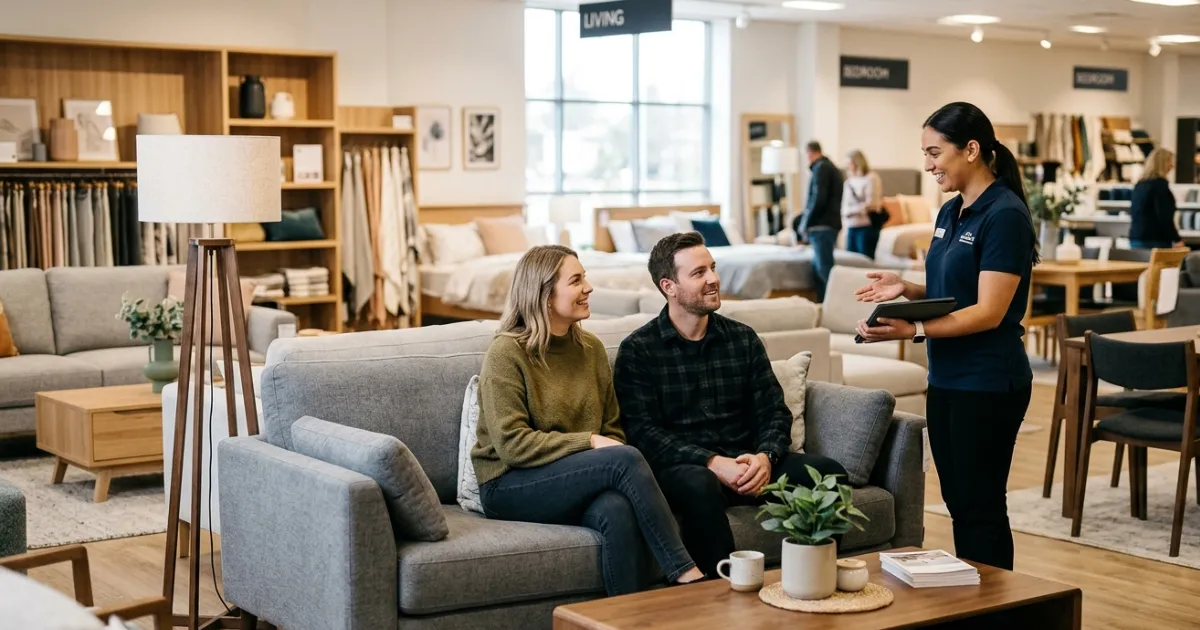 Customer exploring furniture financing options and alternative payment plans without traditional credit checks while shopping for home furnishings.