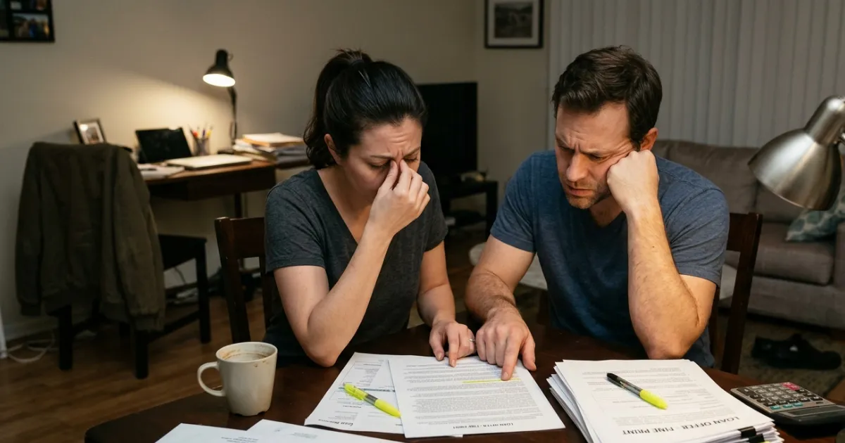 Borrower carefully reviewing financing documents and loan terms while identifying warning signs in a bad credit financing offer.