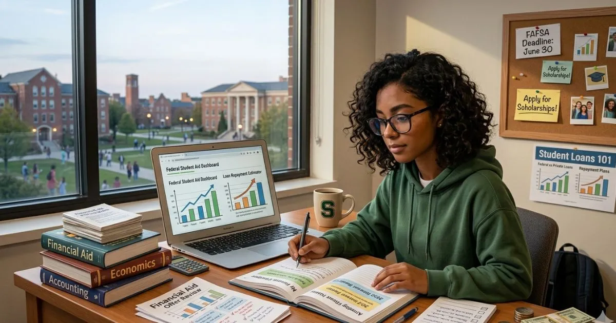 female college student with curly hair and glasses sitting at a wooden desk by a window, reviewing student loan options and budgeting on her laptop.