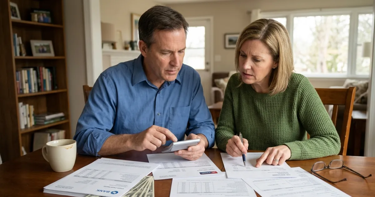 Person reviewing credit card statements, loan agreements, and billing documents to identify different types of finance charges.