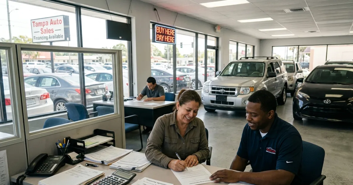 Customer reviewing financing paperwork with a dealership representative to understand in-house financing options and payment terms.