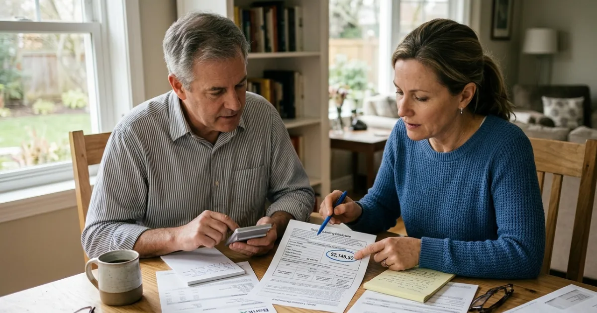 Person reviewing a loan statement, credit card bill, and financing documents to understand finance charges and borrowing costs.