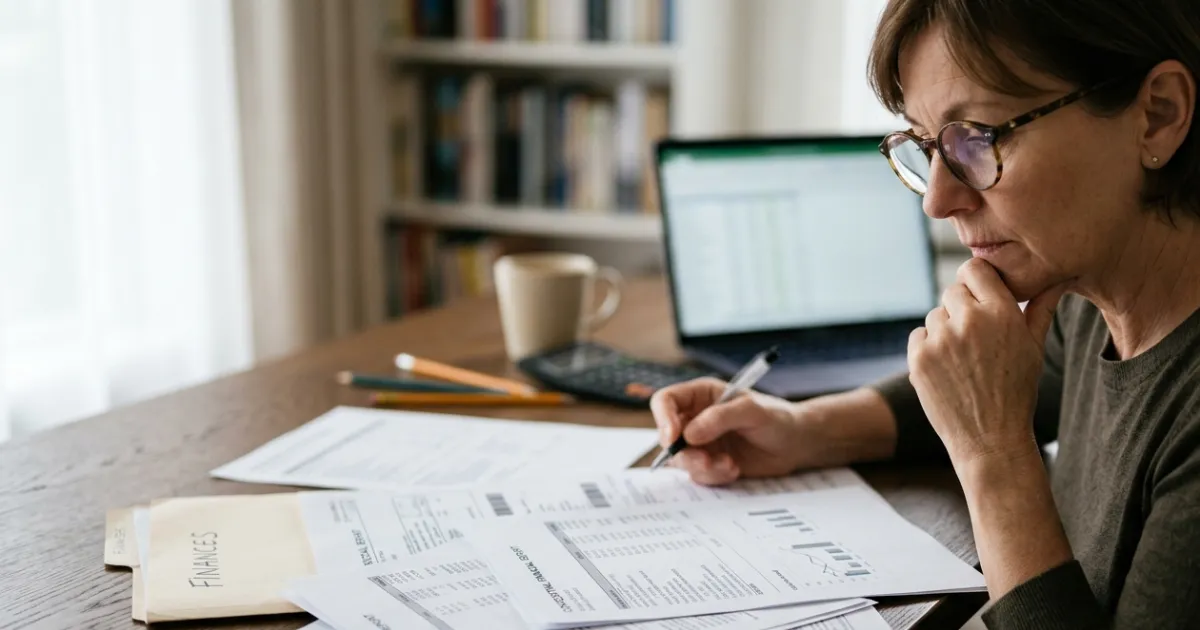 Person examining a detailed credit report and financial records to understand account history, payment activity, and credit information.