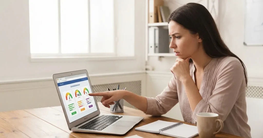 Person comparing multiple credit score reports and financial records to understand why credit scores vary between credit bureaus.
