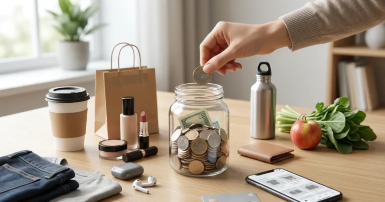 Person comparing everyday purchases and expenses while reviewing a budget to identify items to stop buying and save more money.